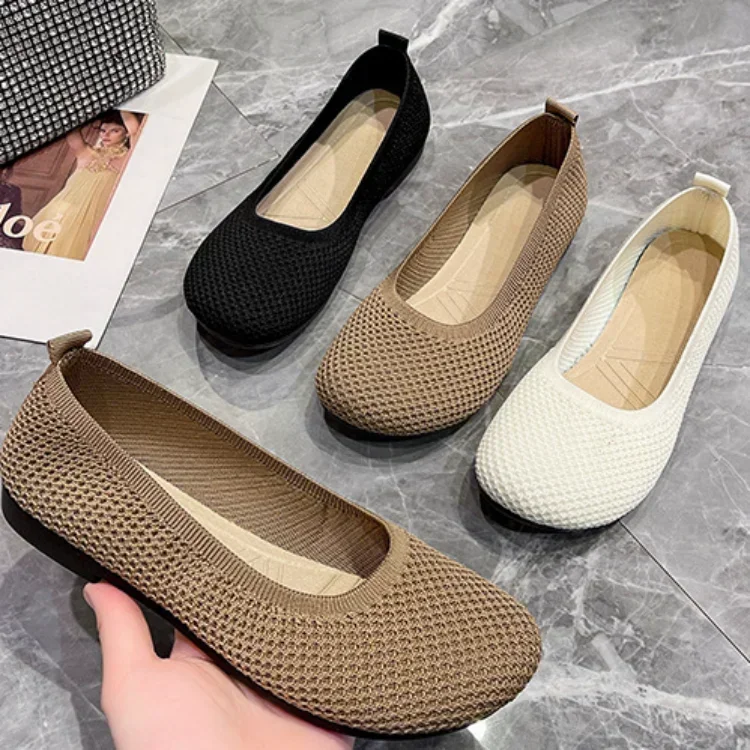 Women Flat Slip on Loafers Round Toe Single Shoes Fashion Knitted Breathable Walking Shoes Female Casual Ballet Flats Lazy Shoes