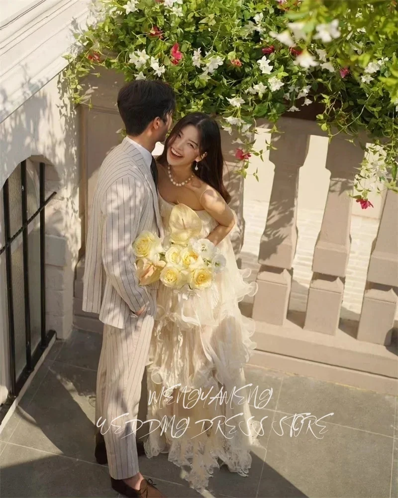 주이슈 스파게티 스트랩 소프트 튤 레이어드 한국 웨딩드레스 사진 촬영 티어드 페어리 브라이덜 가운 파티 이브닝 맞춤 제작