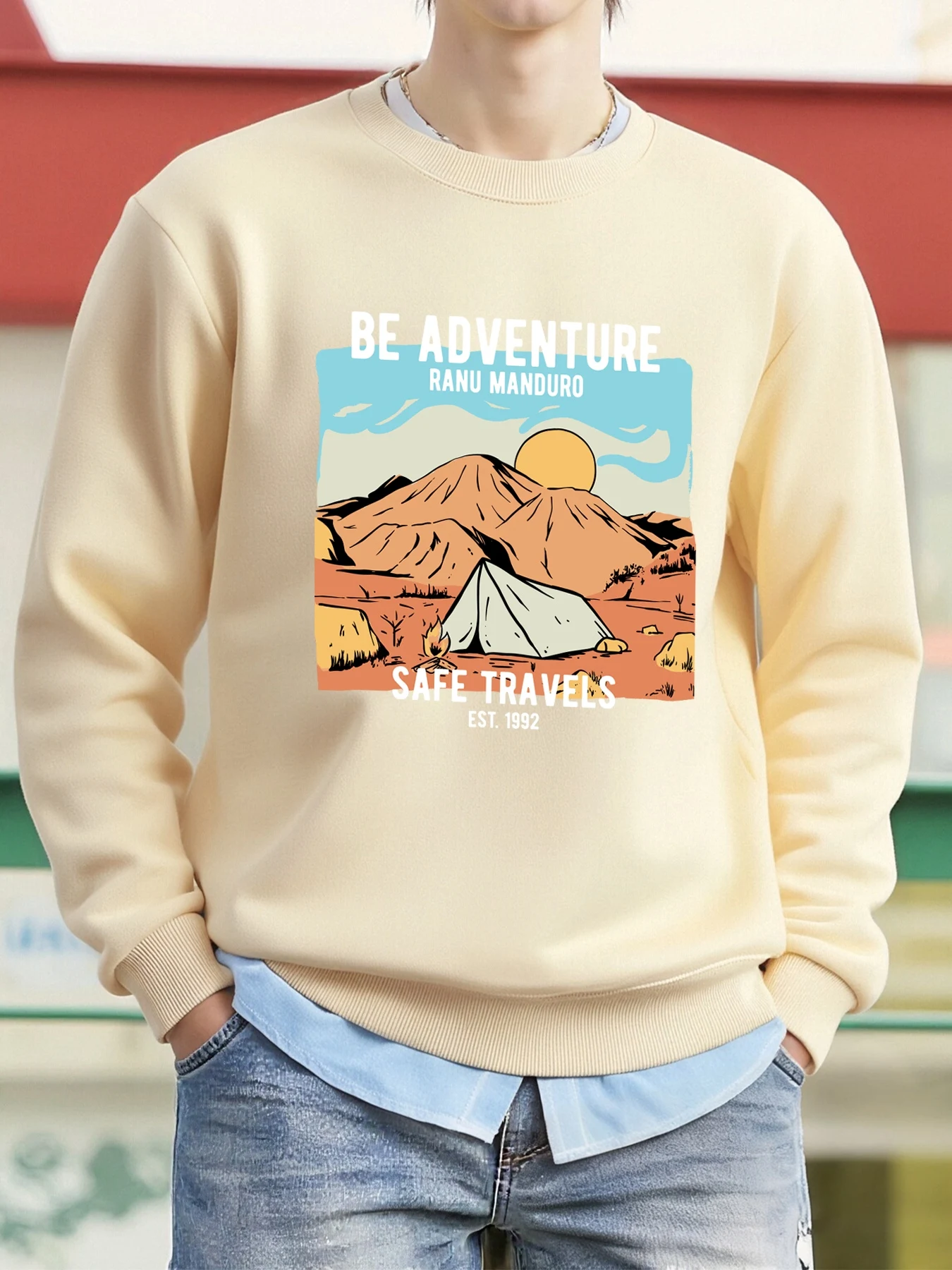 Safe Travels Hill Camping Print Herren Sweatshirt Mode Rundhalsausschnitt Kleidung Herbst Fleece Pullover Casual Oversize Top All-Match
