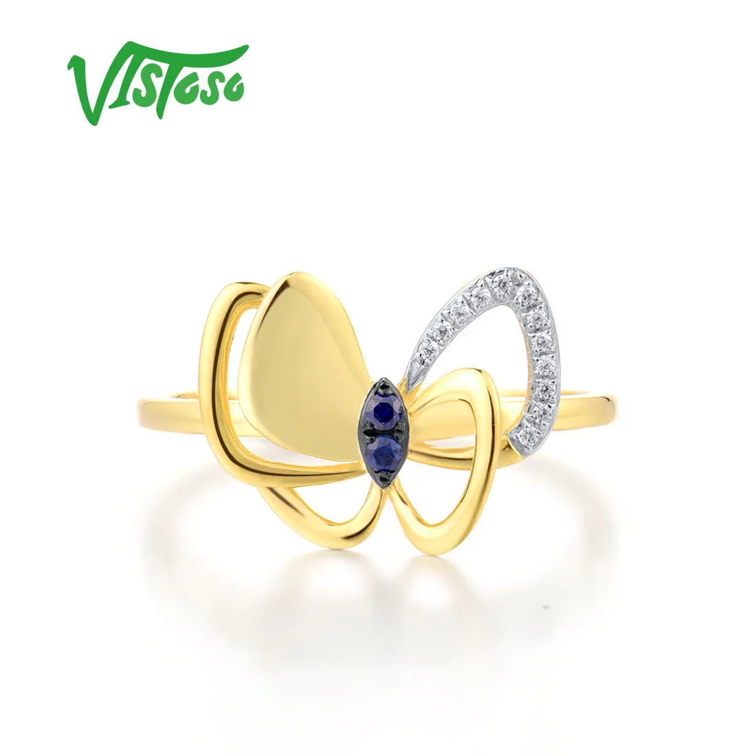 VISTOSO Real 100% 14K 585 Yellow Gold Rings For Women Marquise Blue Sapphire Diamond Butterfly Anniversary Wedding Fine Jewelry