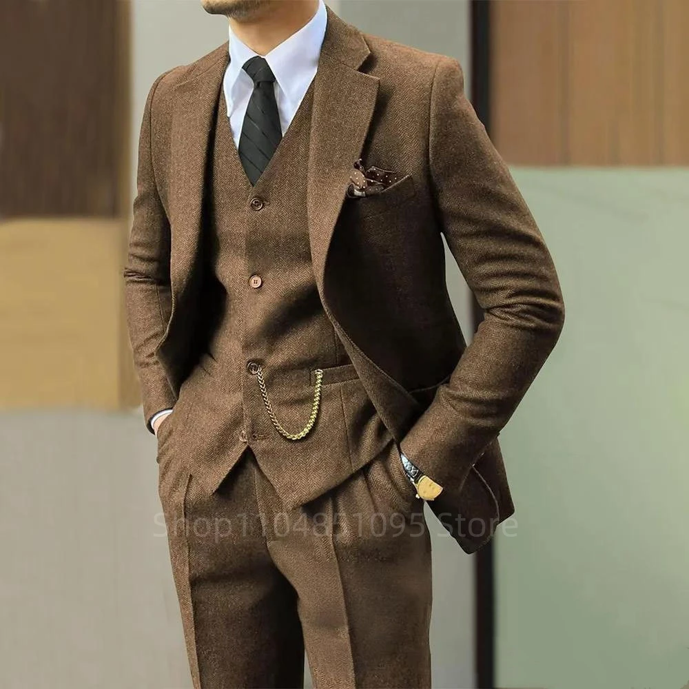 أسود/بني الرجال 3 قطع متعرجة دعوى الأعمال الرسمية تويد العريس سهرة للرجال الزفاف الرجال البدلة سترة سترة فستان أطفال مع سروال داخلي