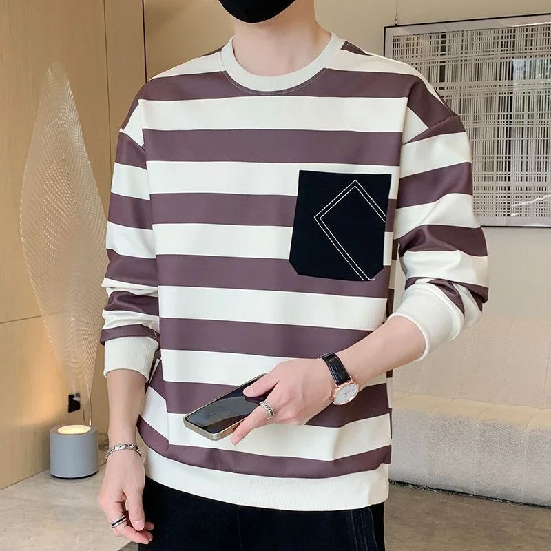 

Autumn New Striped Round Neck Men's Long-sleeved T-shirt Youth Korean Version Hoodies Fashion Versatile Handsome Sweatshirt
