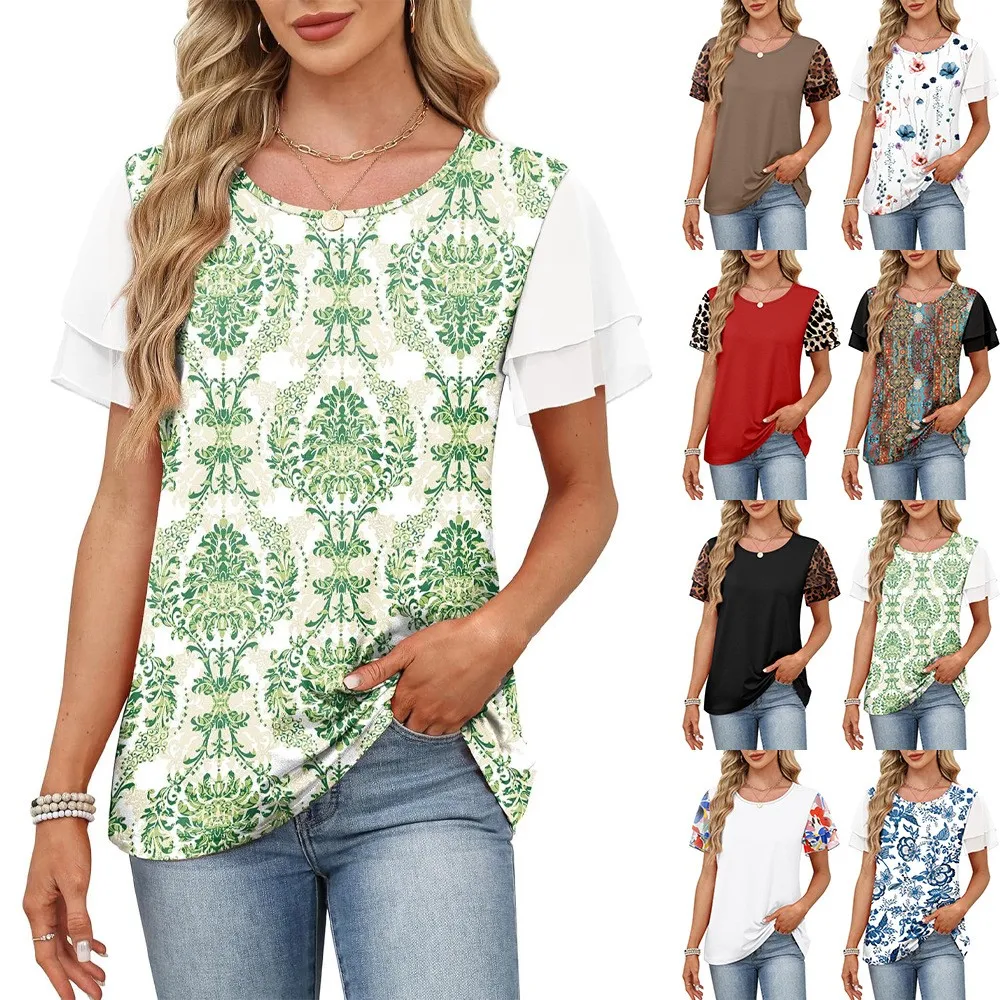 

Women Tops For Woman Short Sleeve Loose Fit T Shirts Round Neck Casual Knit Tee Floral Print Boho Print Green Print Tees