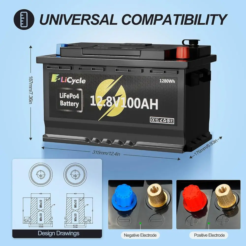 12V 100Ah LiFePO4 Battery, Lithium Battery with Built-in 100A BMS Features NTC and Low-Temperature Protection, Customized