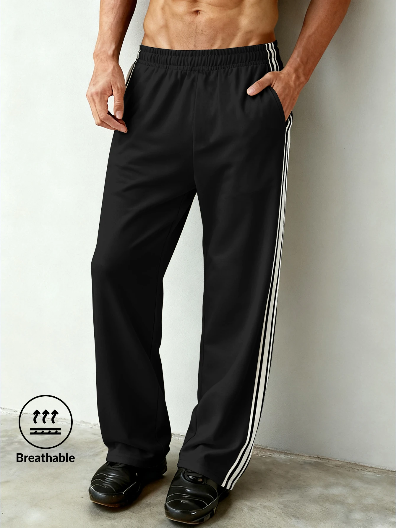 

Men's casual drawstring pants with striped design, suitable for daily exercise and outdoor activities