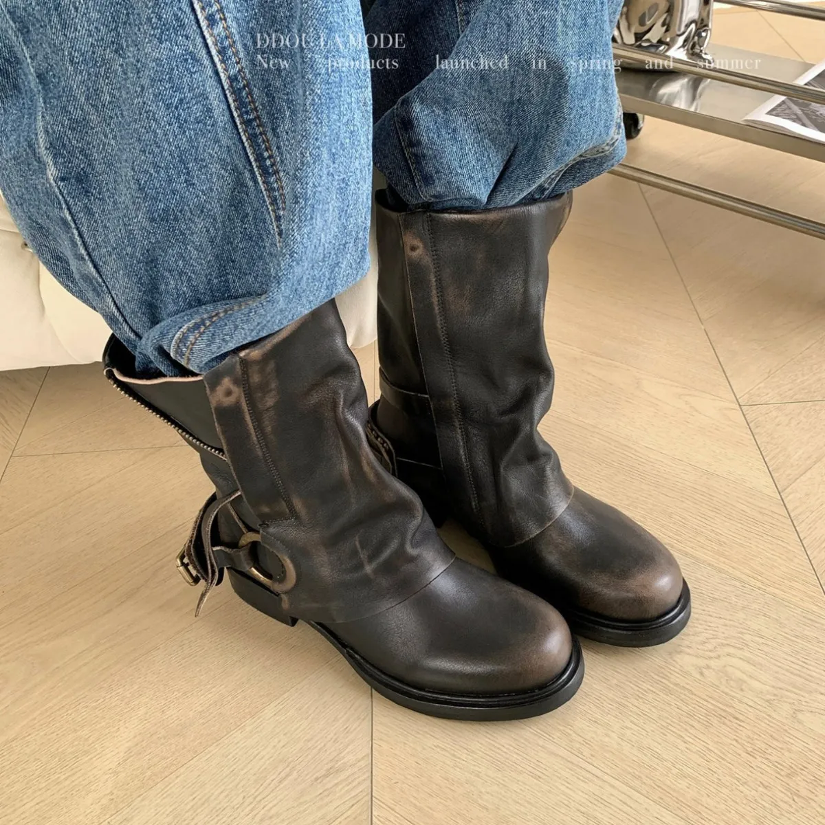 Moto Buckle Strap Ankle Boots Slip On Botas De Mujer Western Women Shoes Vintage Block Heel Designer Fashion Casual Footwear