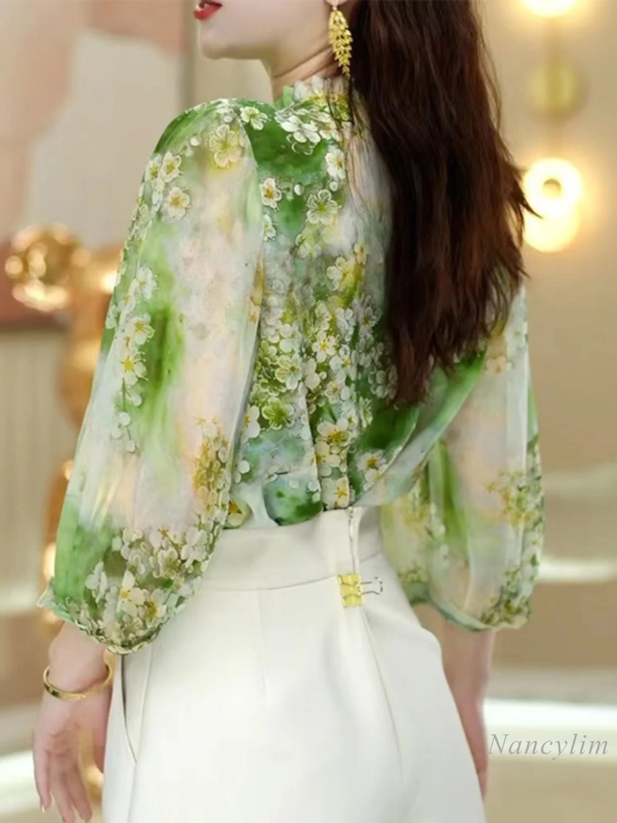 Light Luxury High-End Fashion Green Blouse for Women Summer Printed Shirt 2024 New Woman\'s Puff Sleeve Chiffon Shirt Blusas