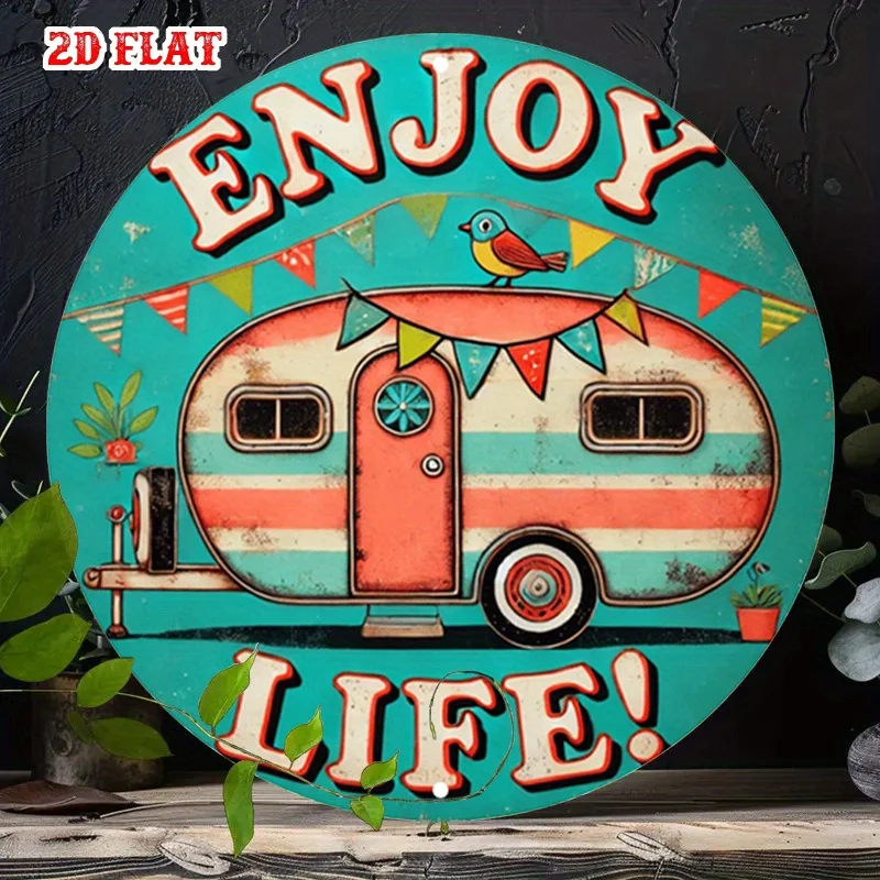 2D Flat, 1pc Vintage Camper Van & Enjoy Life Retro Metal Wall Decor - Mid-Century Modern Trailer sign with Turquoise, Pink, Red,