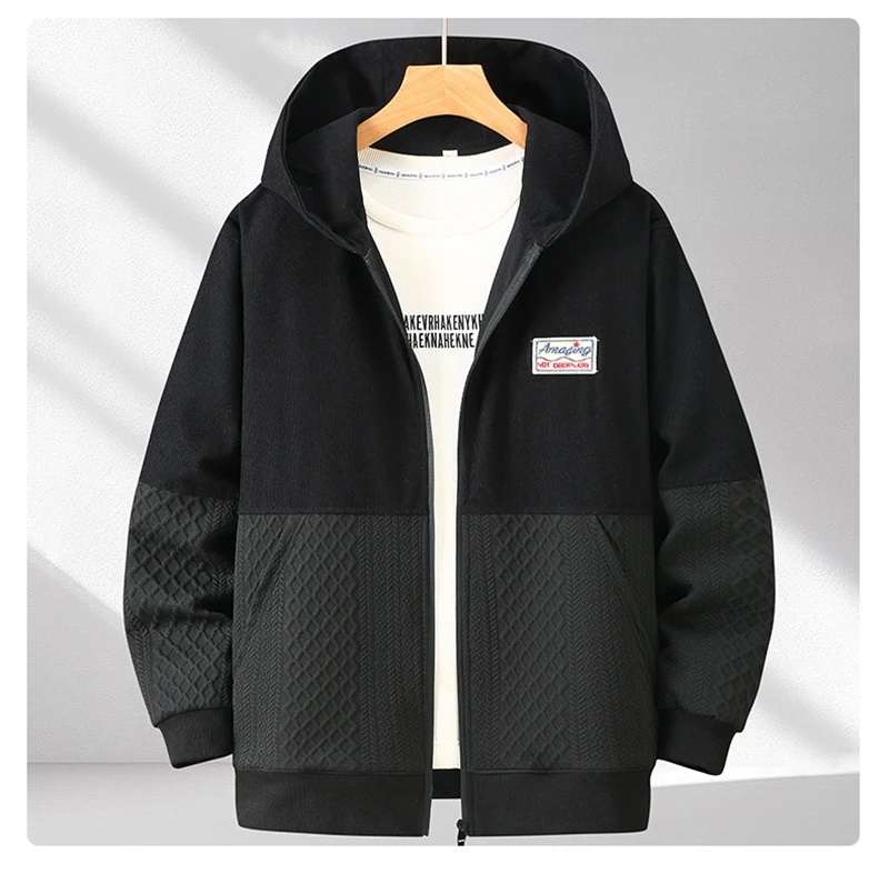 Spring Autumn Plus Size Hooded Cardigan Sweatshirt for Men Trendy Brand Minimalist Loose-fit Style Patchwork Ideal 170kg 12XL
