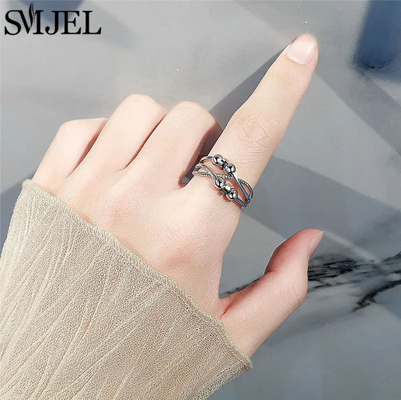 Punk Beads Anxiety Fidget Rings Adjustable for Couples Silver Color Metal Balls Anti Stress Spinner Ring Anillos De Ansiedad