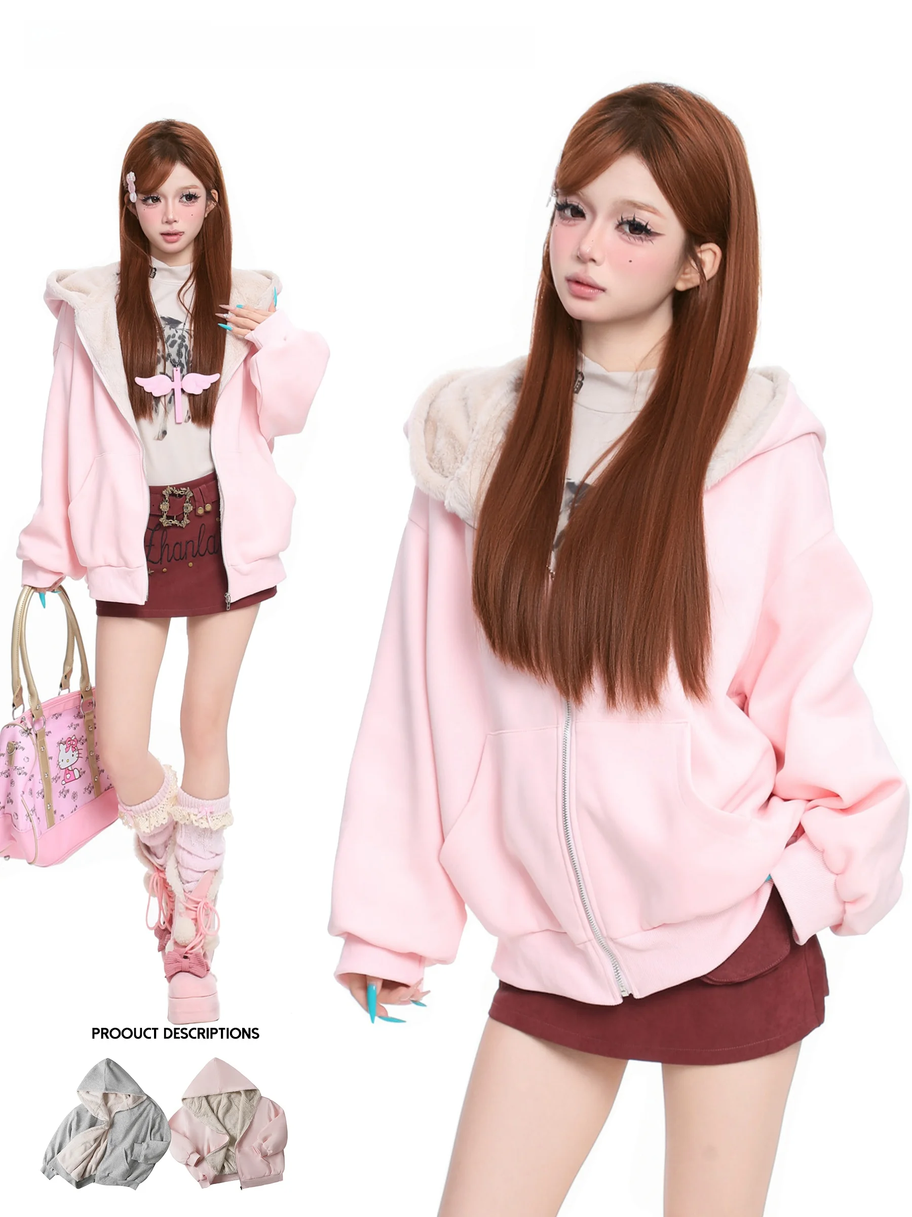 

Корейская женская утепленная хлопковая куртка с капюшоном на флисовой подкладке, теплая, розового цвета, для повседневной носки, модная, с длинными рукавами, на молнии