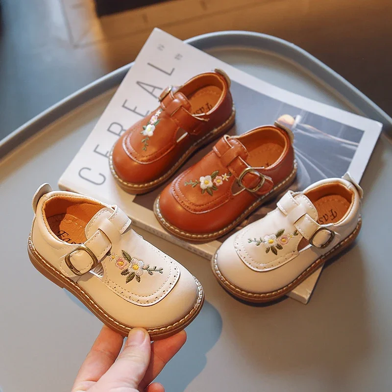 Baby Girl Mary Janes Embroidery Flower Beige Khaki Toddler Children Autumn Shoes Vintage Cover Toe Comfortable 22-31 Kids Shoes