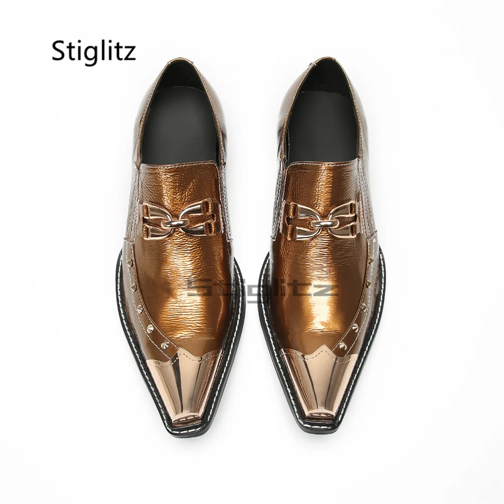 Metallic Gold Slip On Loafers for Men Rivet Buckle Metal Pointed Toe Low Heel Genuine Leather Formal Dress Wedding Party Shoes