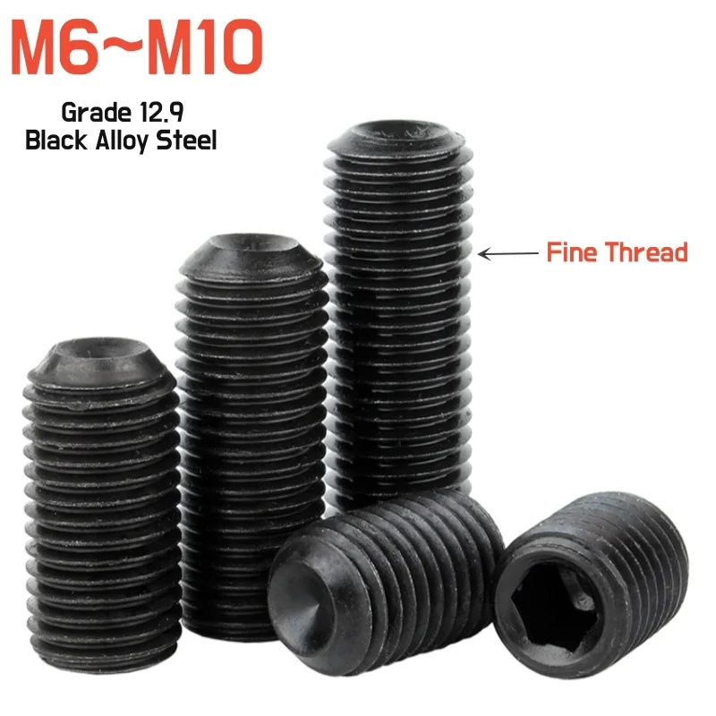2~20pcs M6 M8 M10 M12 DIN916 Fine Thread Set Screw Black 12.9 Steel Hex Hexagon Hex Socket Grub Screws Pitch 0.75/1/1.5mm