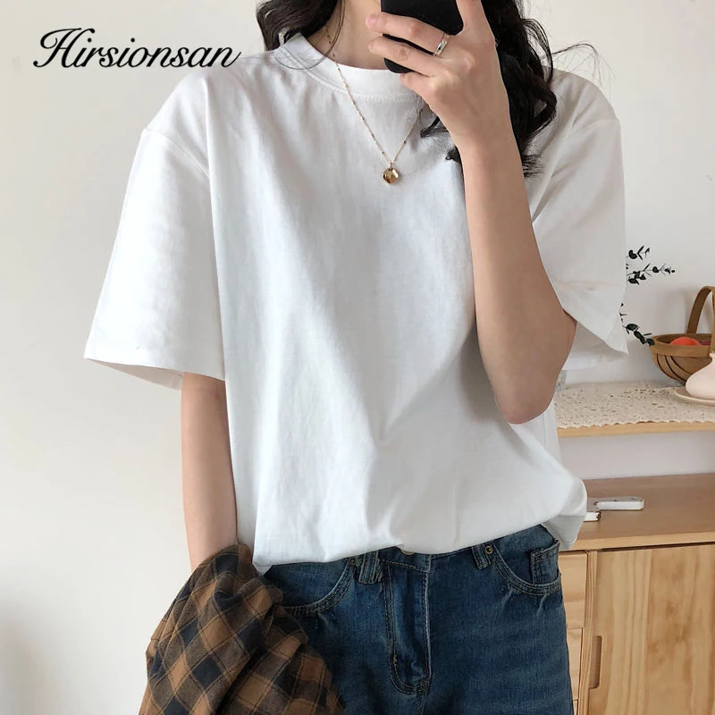 Hirsionsan 100% Cotton T Shirt Women Summer New Oversized Solid Basic Tees 9 Color Casual Loose Tshirt Korean O Neck Khaki Tops - Image 2