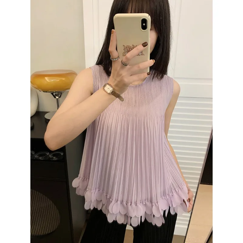 

Miyake Summer New T-shirt Handmade Petal Pleated Top Comfortable Casual Solid Color Pleated Versatile Crew Neck Sleeveless Vest