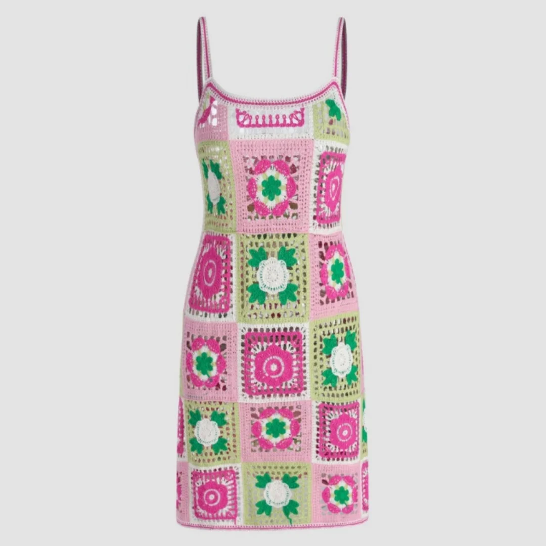 Buntes Smaragdgrünes Strick- und Häkel-Minikleid für Damen – Sommerliches, lässiges Slim-Fit-Kleid, die perfekte Wahl für Partys