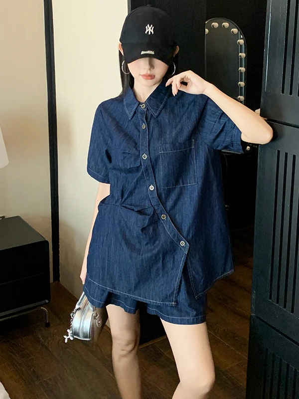 Casual Fashionable Hong Kong Style Blue Denim Short Sleeve Top And Shorts Two Piece Set Women Summer Design Sensation