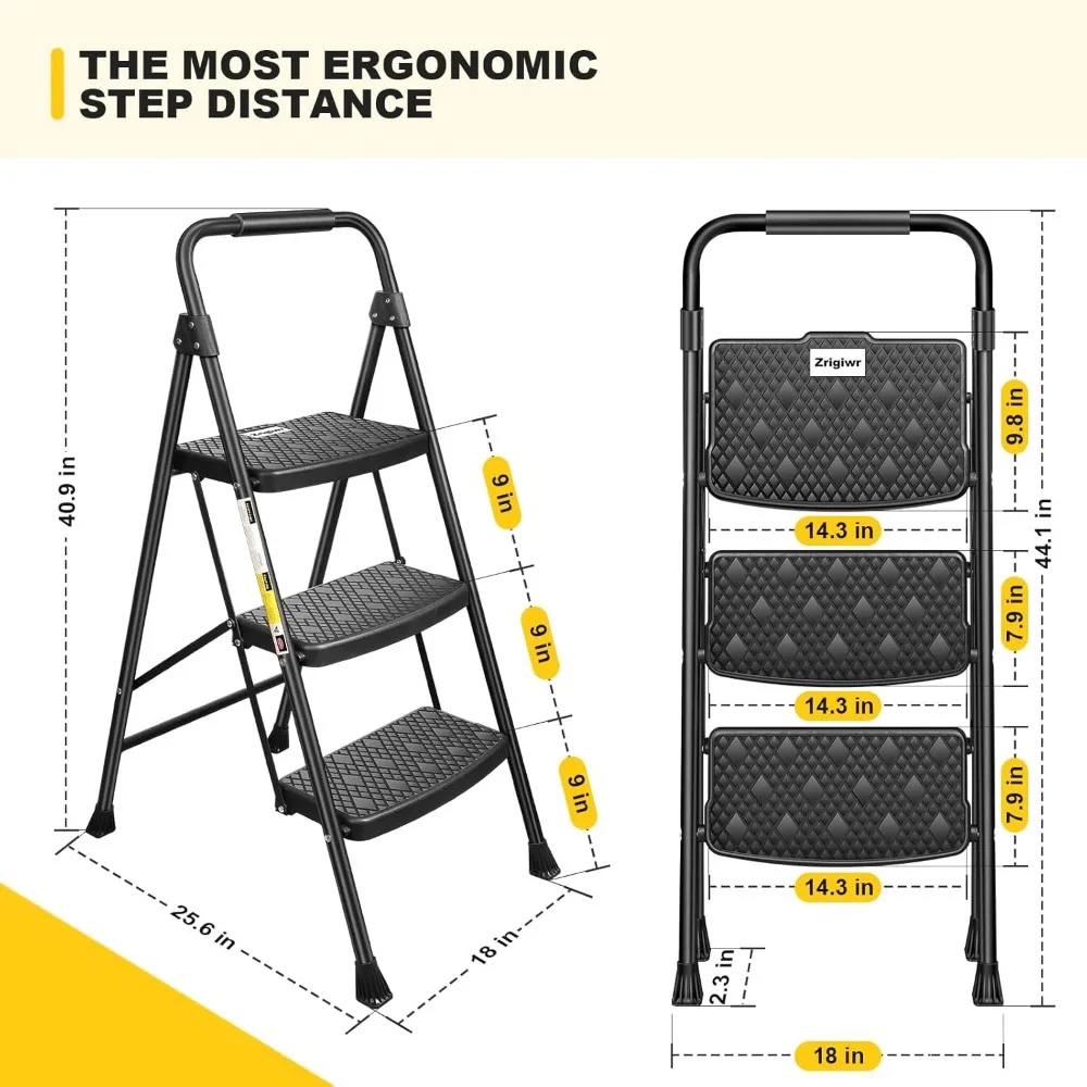 3 Step Ladder, Collapsible Non-Slip Treads Sturdy Steel Ladder, Portable Home Step Stool, Safe and Comfortable Handrail