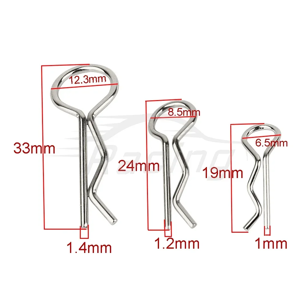 RC Carro Corpo Shell R Clips, Metal Corpo Clip Pin, Buggy Truck Toy Acessórios, 20/50, 1/8, 1/10, 1/12, 1/14, 1/16, 1/18