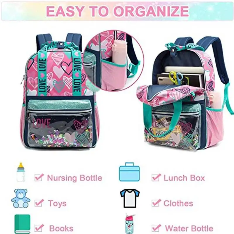 School Bags Set for Girls with Heart Pattern Children's Travel Suitcase Lunch Bag Pencil Case Set Large-capacity School Backpack