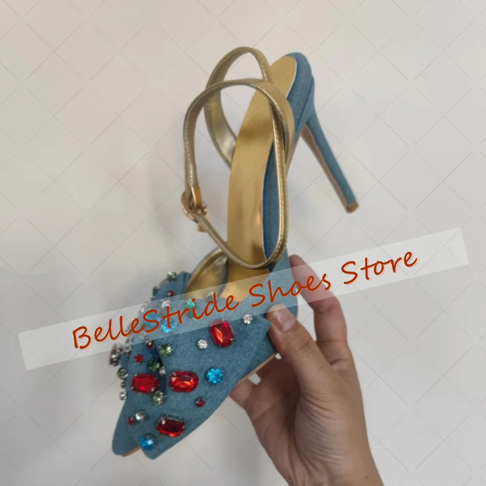 الأزرق الدنيم القوس عقدة ديكور الصنادل الكريستال أشار تو أحذية النساء رقيقة عالية الكعب مأدبة الحفلات يؤرخ 2025 Zapatos Para Mujere