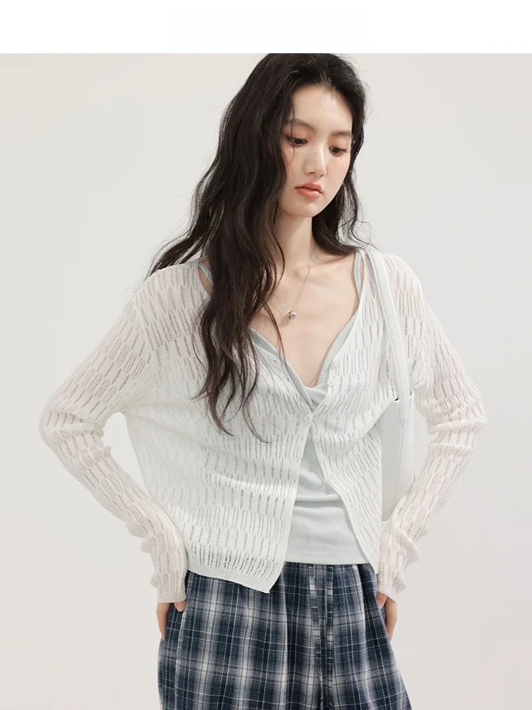 

Женский вязаный кардиган с V-образным вырезом и ажурными вставками для защиты от солнца, весна-лето, дышащий, облегающий, удлиненный, трикотажный