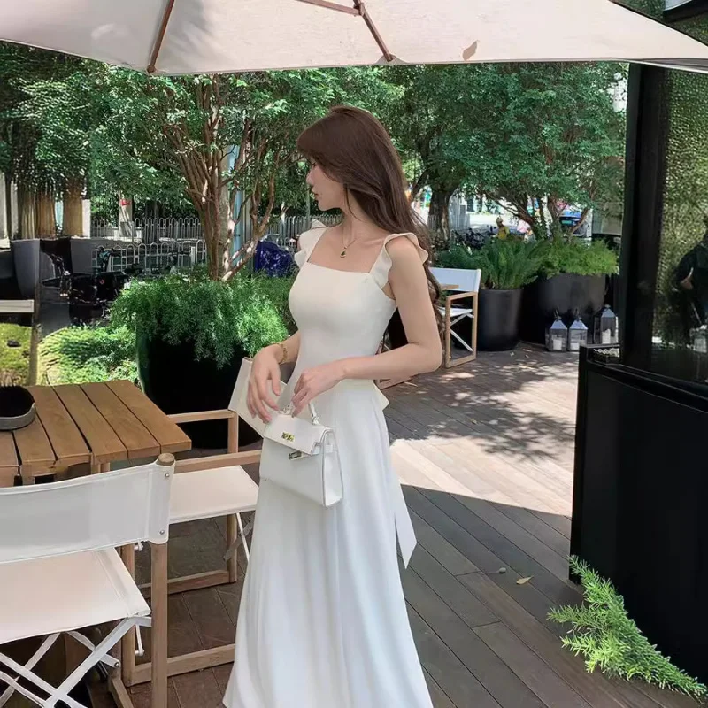 

Korean Style Waist-Cinching Slimming Small Flutter Sleeve Dress for Women2024Summer New Casual Mid-Length Slip Dress