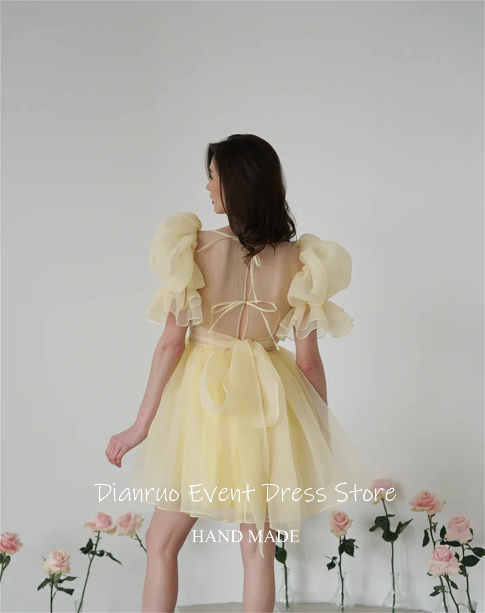 

Dianruo Yellow Puff Sleeves Prom Dresses A Line Birthday Dresses Square Neckline Pleated Organza Robes De Cocktail Customized