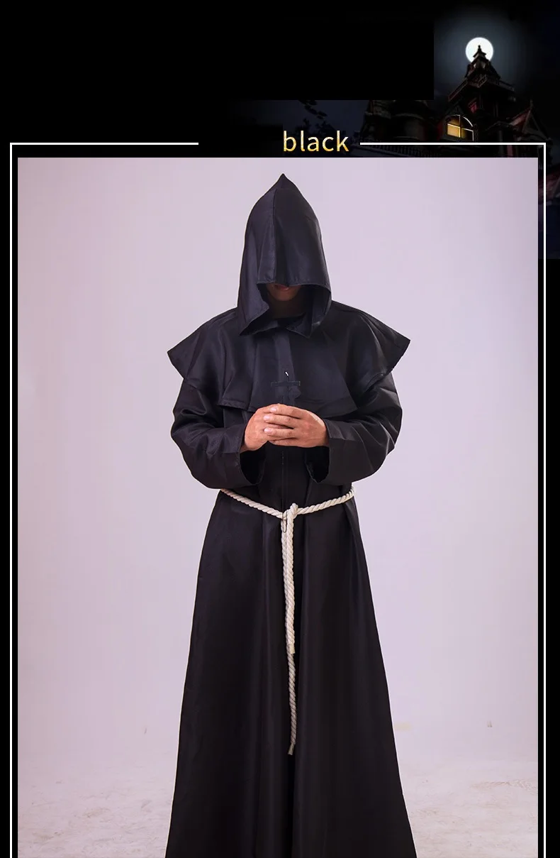 Priest Costume Men Clergy Clothes Male Halloween Cosplay Medieval Cowl Monk Renaissance Cross Friar Robe Hooded Cloak