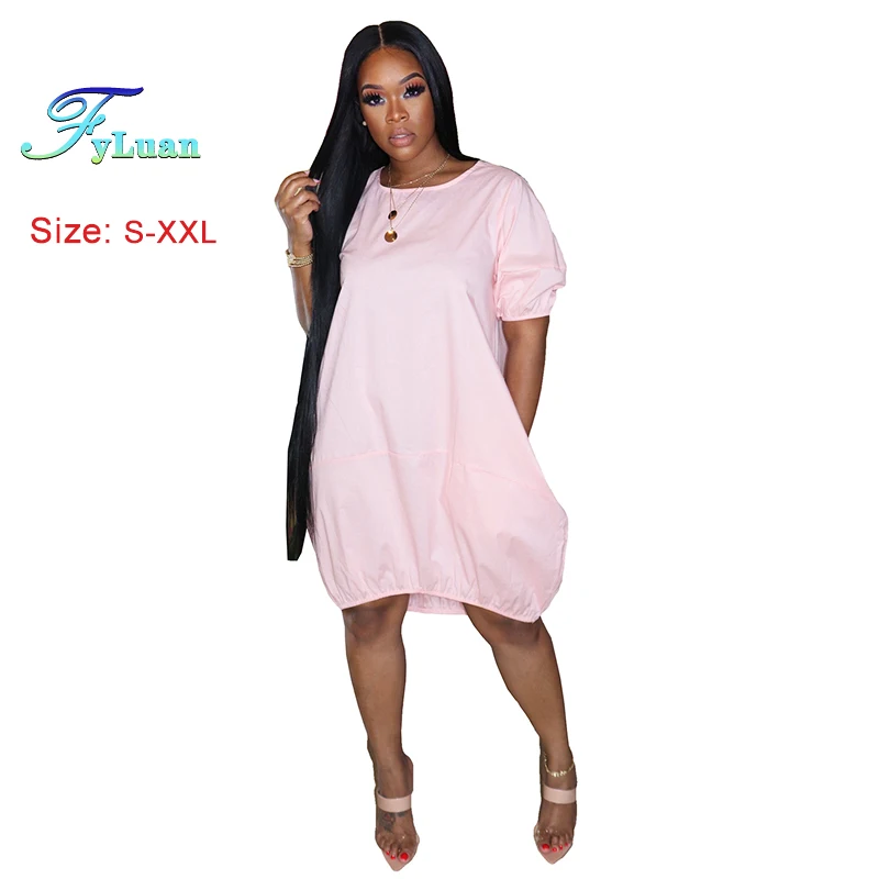 2025 Zomer Nieuwe Vrouwen Bubble Jurk Losse Korte Mouwen O Hals Effen Kleur Dames Grote Maat T-shirt Casual High Street Kleding