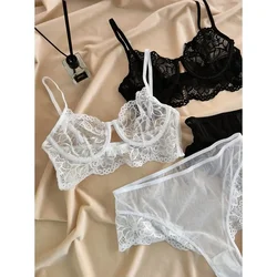 MOYISU Lace Large Breasts Show Small Push-up Bra Cover Underwear Ultra Thin Set Transparent White Sensual Pure Desire Underwear
