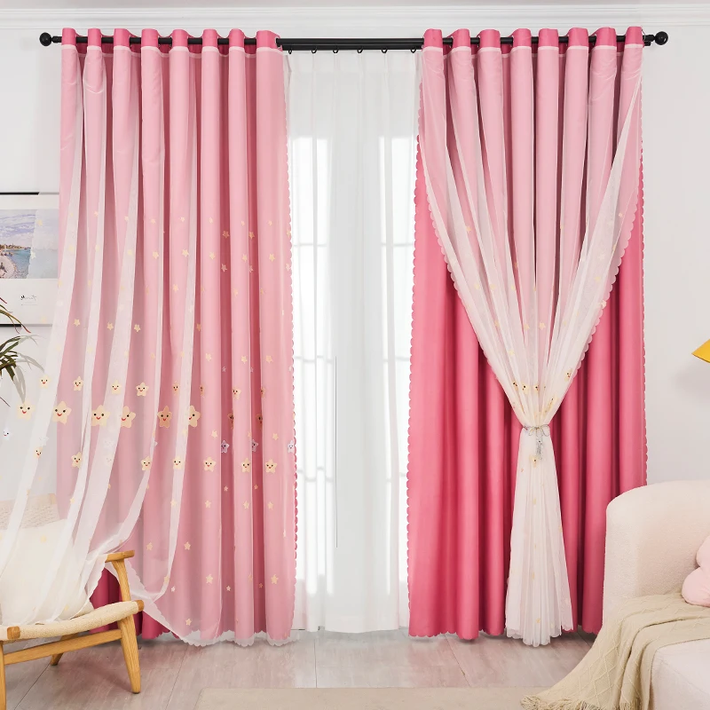 ผ้าม่านสองชั้นสีชมพูน่ารัก 1 ชิ้น พร้อมลายปักดาว ตกแต่งหน้าต่างสไตล์โมเดิร์นสำหรับห้องนั่งเล่นและห้องนอน