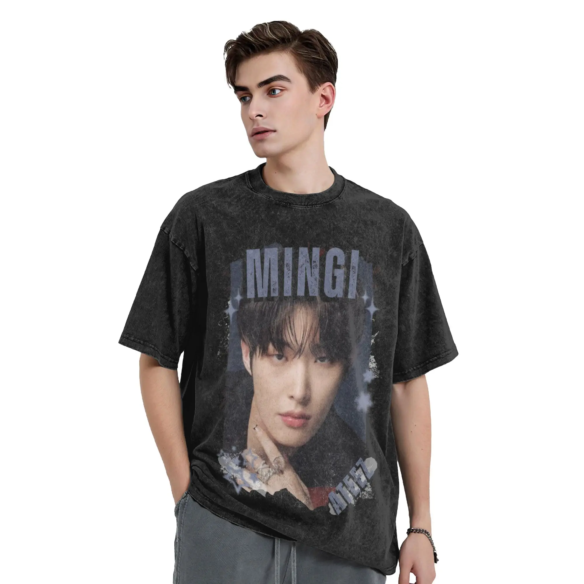 Kpop Boy Group A-Ateez Mingi Washed T Shirts Streetwear  Vintage T-Shirt  Tee Shirt Men Women 100% Cotton High Street Summer
