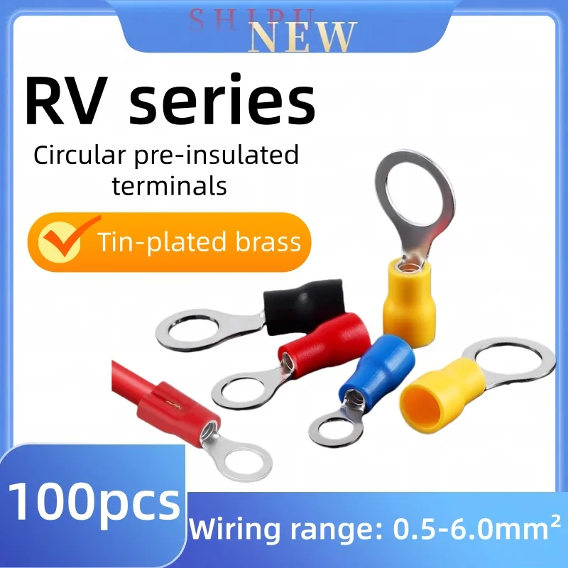 100Pcs Rv Cold-Pressed Terminal Block 1.25/2/3.5/5.5 Circular O-Ring Pre-Insulated European Style Wire Crimping Joint