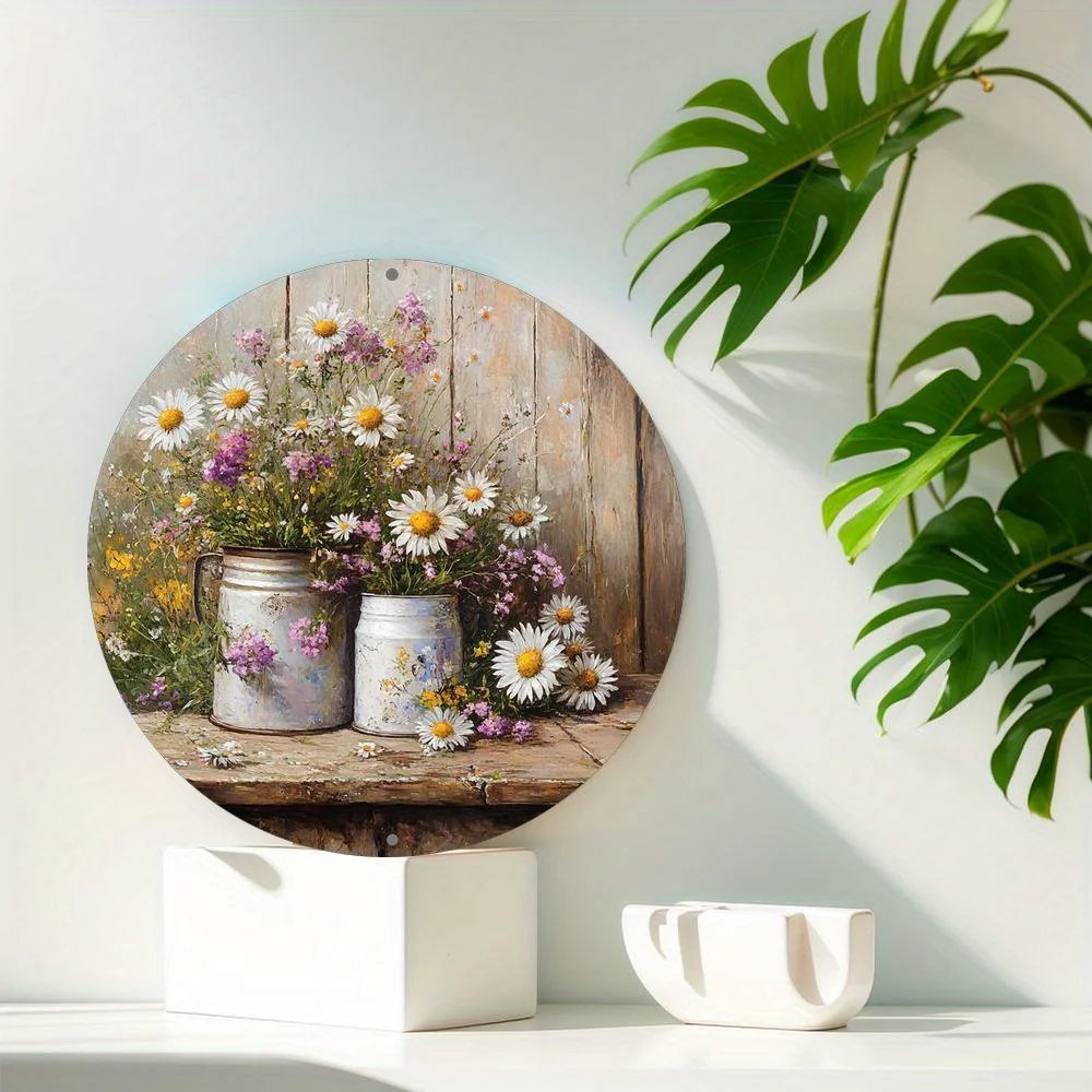 2D Flat - 1pc Vintage Daisy Themed Metal Wall Sign, 20.32cm Round 2D Flat Print, Rustic Floral Decor for Home, Bar, Kitchen, Off