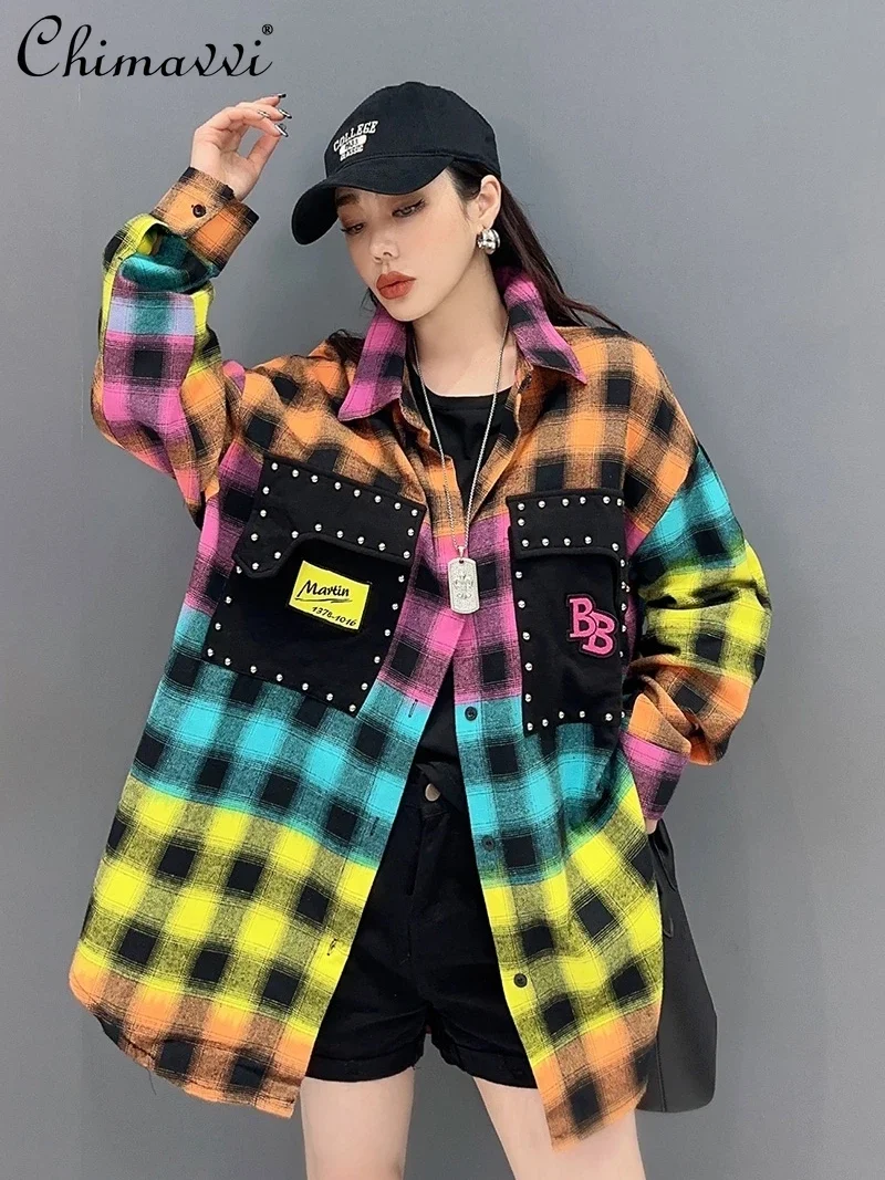 2024 Autumn Clothes New Fashion Printed Plaid Mid-length Shirt Top Loose Long Sleeve Splicing Casual Large Size Shirts Blouse