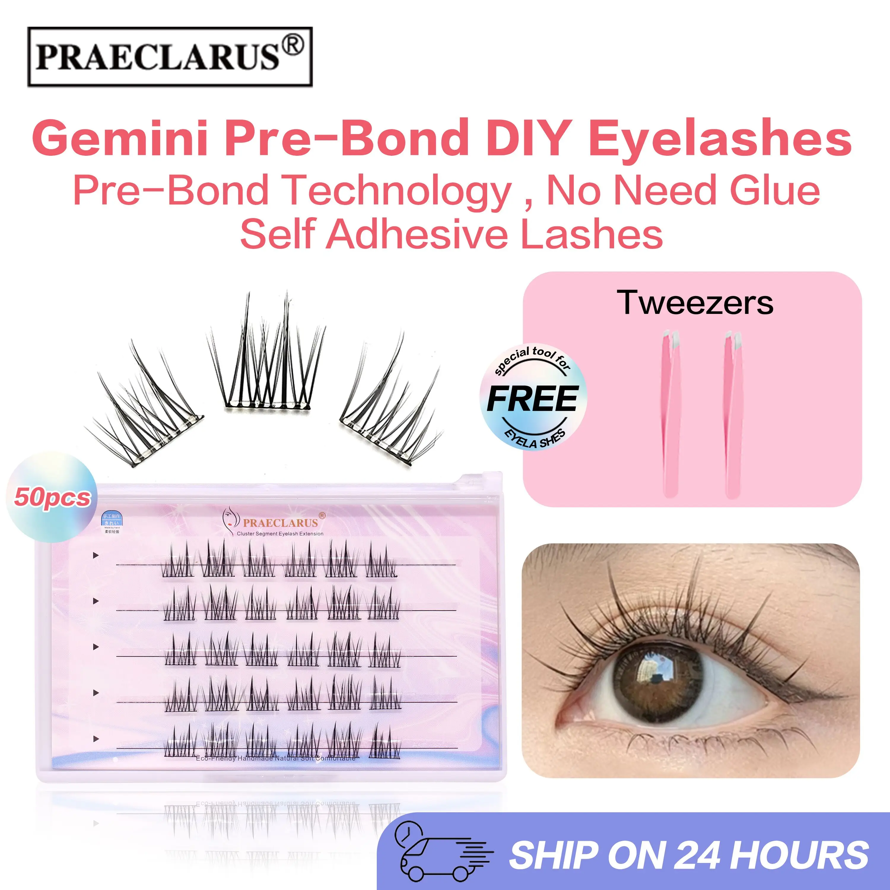 PRAECLARUS Gemini Pre-Bond Technology No Glue Needed Eyelash 1-Step Press On  Self Adhesive Reusable Natural Glue Free lashes