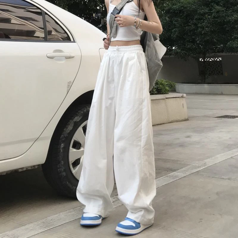 Y2K بنطال بساق واسعة للنساء ، ملابس الشارع الكورية ، فضفاضة تناسب كل شيء ، بي في دي هيب هوب ، بنطال رياضي ، موضة الصيف ، هاراجاكي غير رسمي ، بنطال أبيض