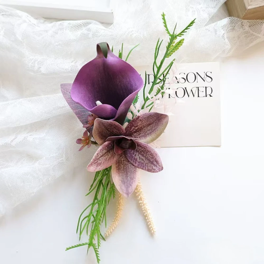 New Style Purple Calla Lily Men Groom Boutonniere Wedding Party бутоньерка для жениха Marrige Accessories image 5