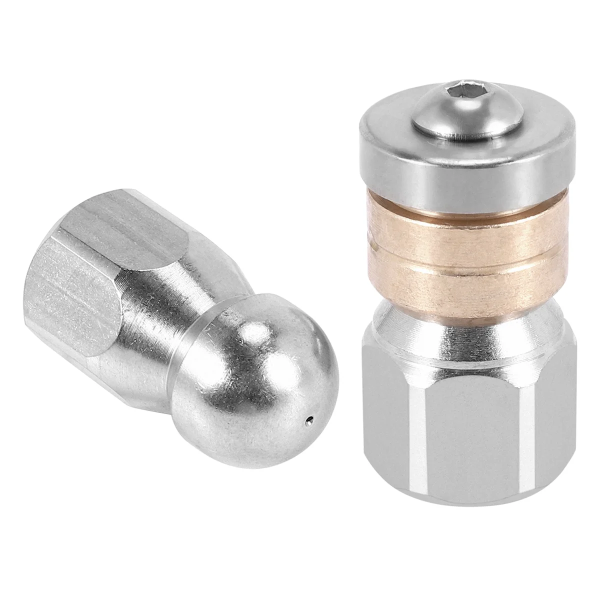 Bico de mangueira de jato de esgoto, bico de mangueira de lavadora de alta pressão, 1 bico de nariz de botão e 1 bico giratório, pacote de 2 tamanhos quentes