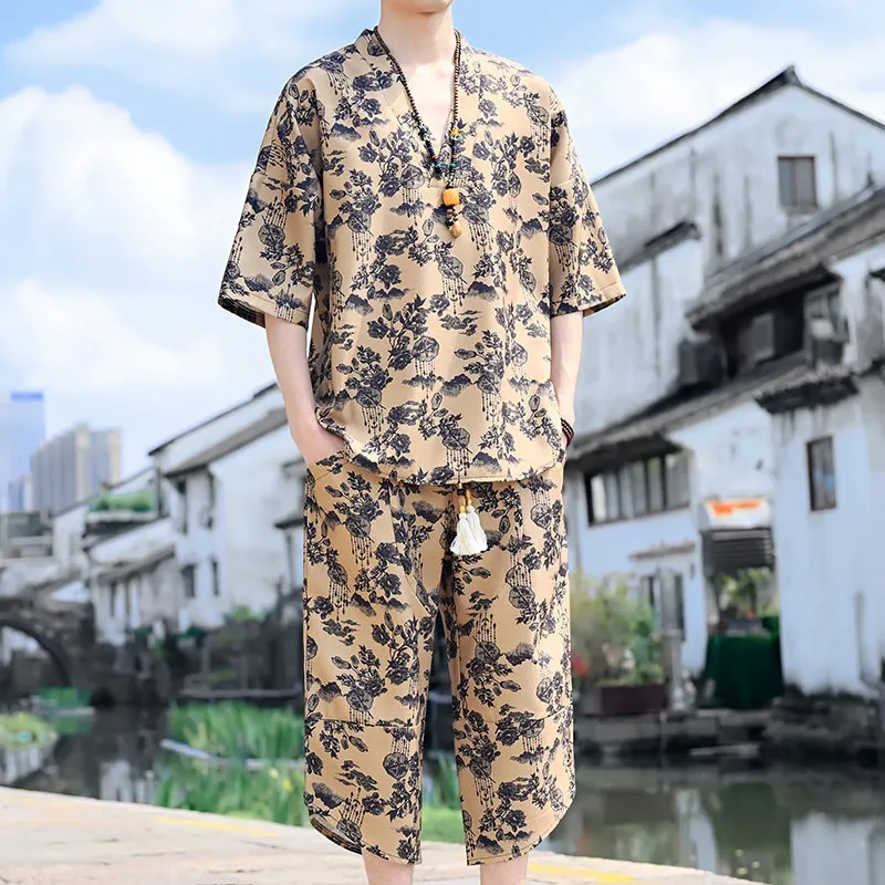 Conjunto de Camiseta de Material Fino com Design de Flor em Tinta, Estilo Coreano e de Hong Kong, Roupa Casual Esportiva para Jovens, Ideal para o Ver