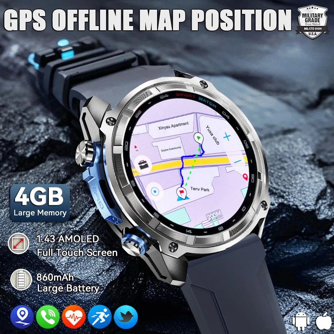 

2025Новые военные класса со встроенной GPS-картой, умные часы для мужчин, 4 ГБ памяти, TWS, Bluetooth 5 АТМ, поддержка умных часов для плавания для IOS