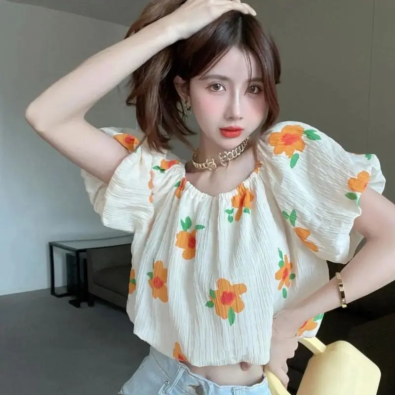 Women Summer Fashion Loose Sweet Cute Floral Slash Neck Short Sleeve Chiffon Shirts Women Clothes Casual All-match Trend Top Tee