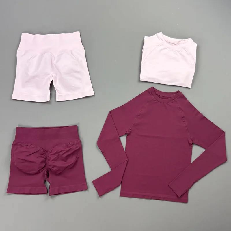 Gym Sports Sets Women Yoga Workout Long Sleeve Top Seamless Shorts Suit Breathable Elastic Running Clothes Fitness Sportswear