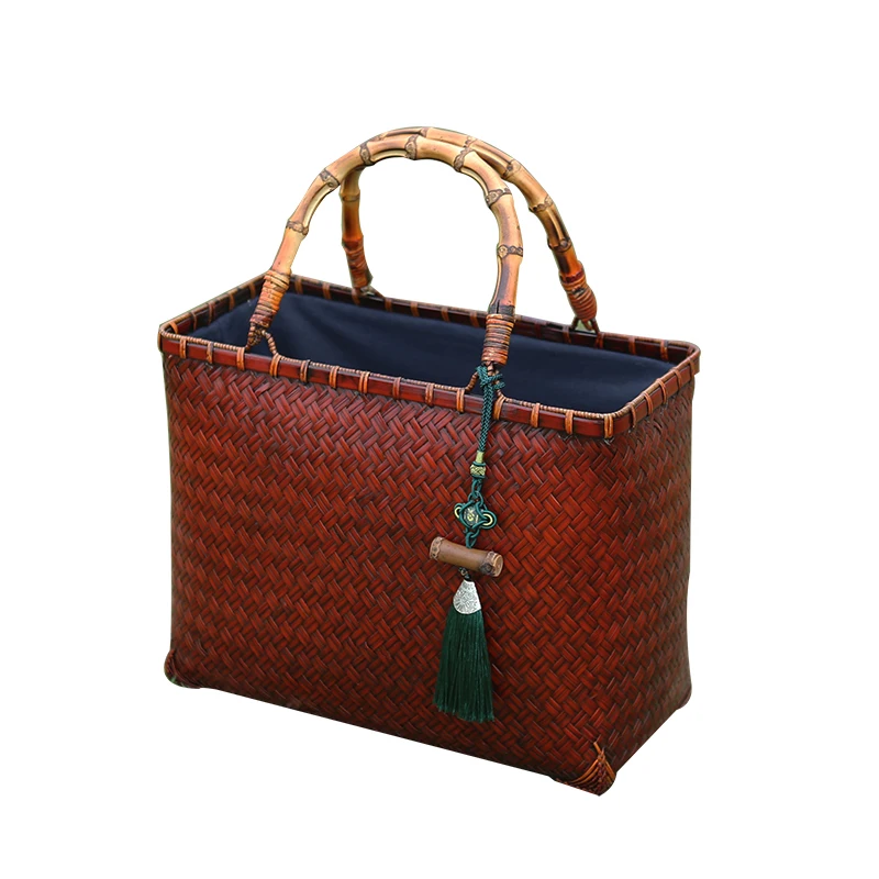 Vintage Handbag Women\'s Straw Bags Hand Bamboo Woven Fashion Summer Beach Tea Ceremony Storage Baskets Luxury Wicker Bag Crafts