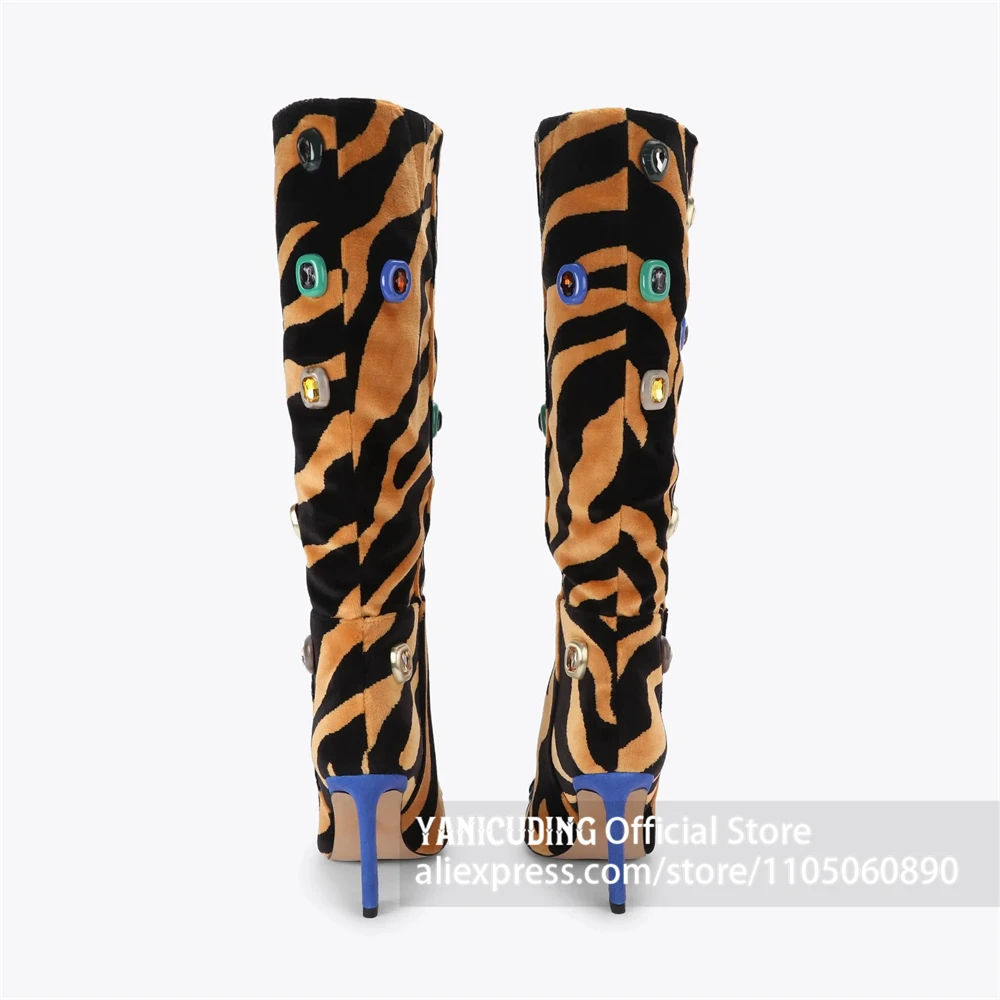 Tiger Stripe Velvet Gem Embellished Knee Boots Multicolor Rhinestone Animal Print Pointed Toe Fashion Boots Gem High Heel Boots image 4