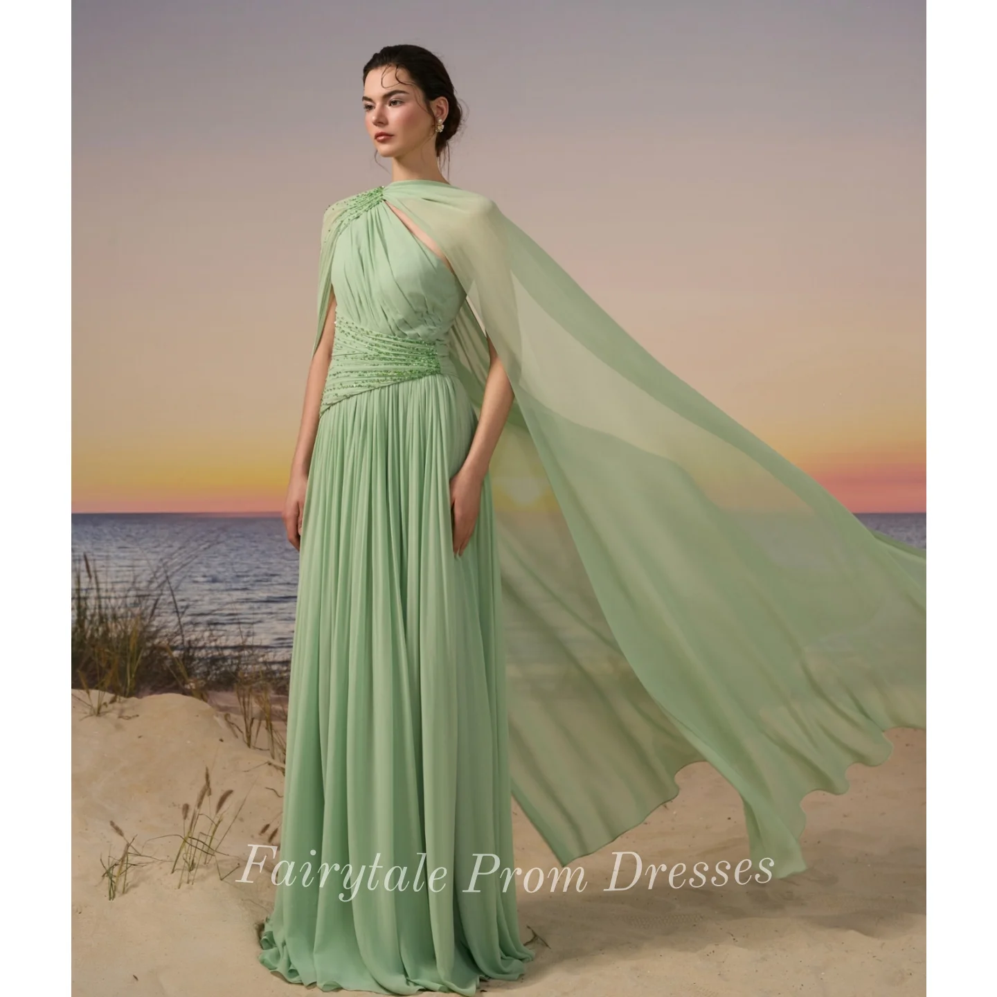 Chic Mint Green Chiffon Evening Dress with Cape Cutout Waist Long Formal Prom Gown Beach Wedding Cocktail Party Guest Dress