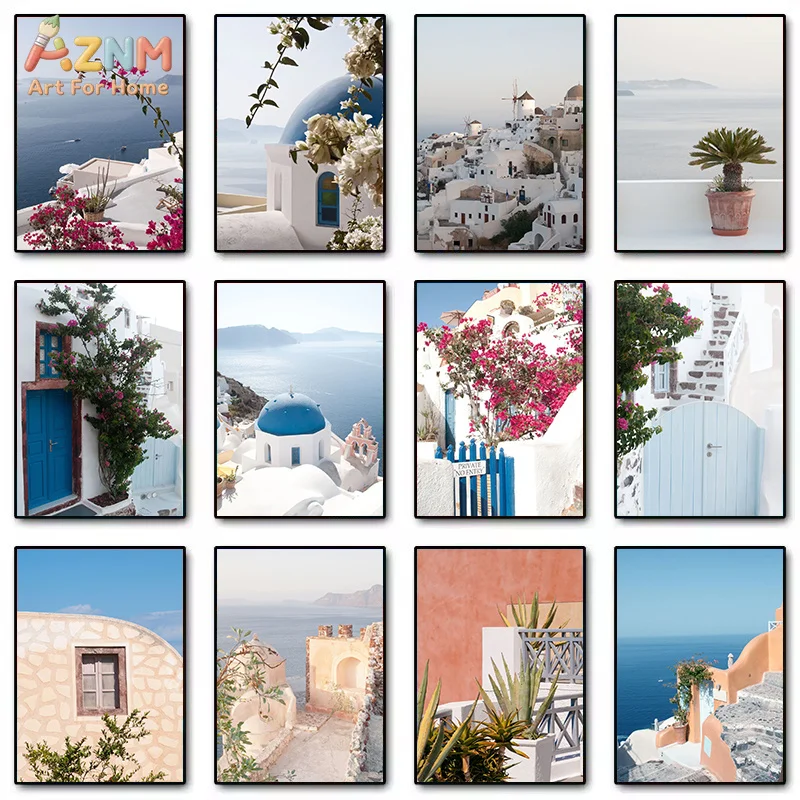 AZNM Santorini Seascape Canvas Print Greek Blue Dome White Building Bougainvillea Ocean Mediterranean Scenery Unframed Wall Post