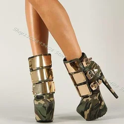 Camouflage Color Metal Decor Boots Platform Buckle Side Zipper Stiletto Ankle Boots Women Fall Glitter Shoes Zapatos Para Mujere